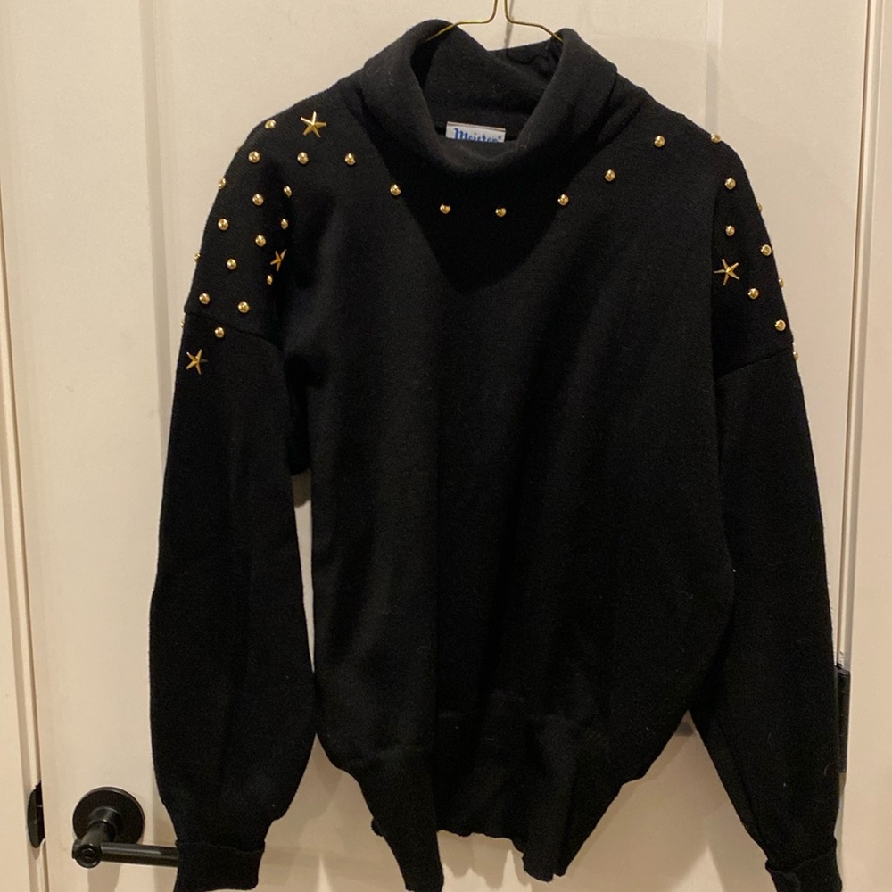 Meister Ladies Ski Sweater.  Black w/Stars/Beads.  Medium.‎ Mock Turtle Neck.